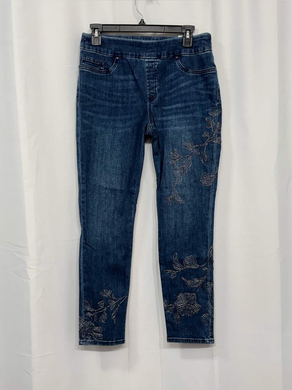 Chico’s Women’s Blue Embroidered Pull On Stretch Comfort Ankle Denim Jeggings 4R